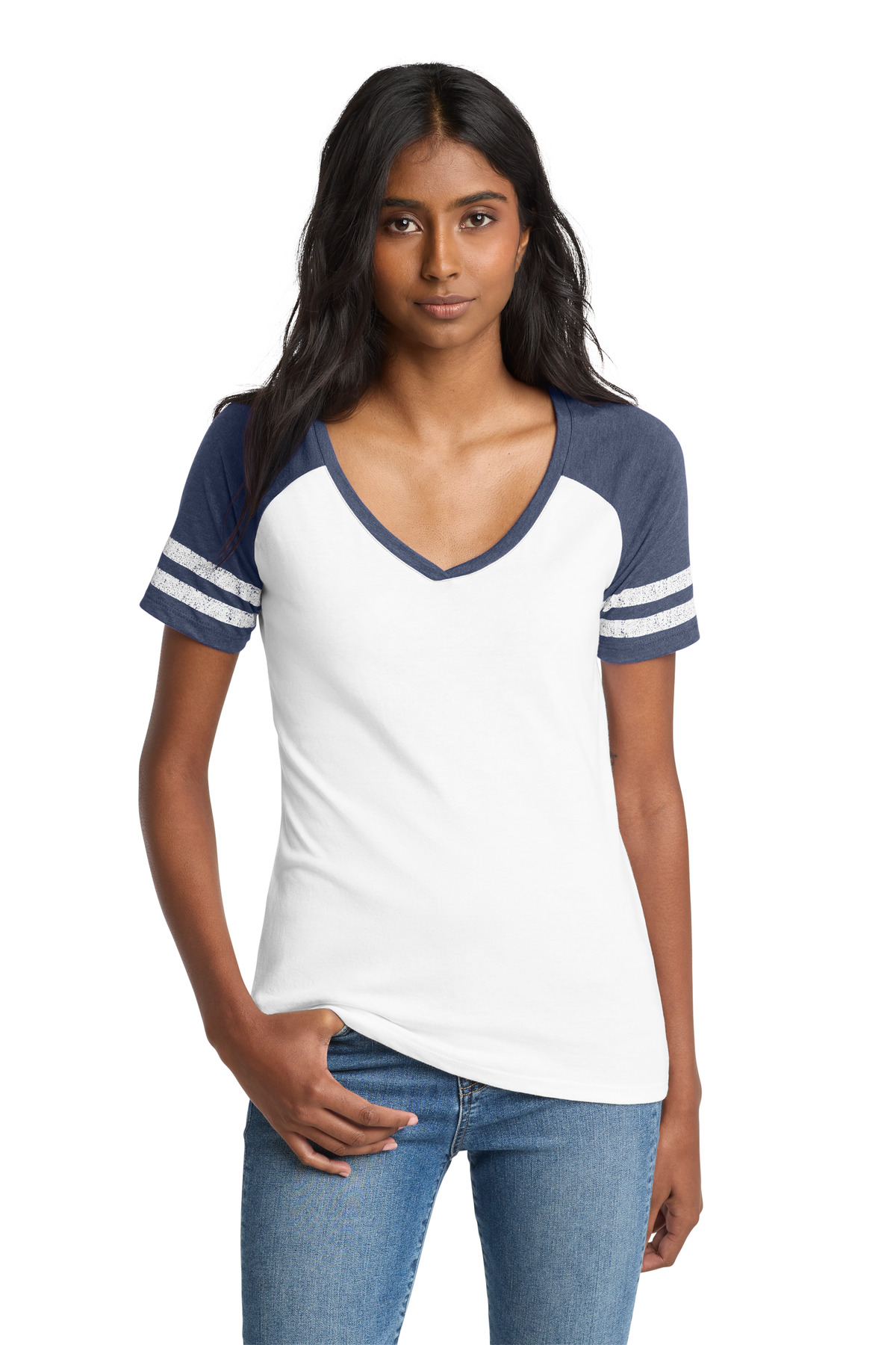District Women's Game V-Neck Tee. DM476