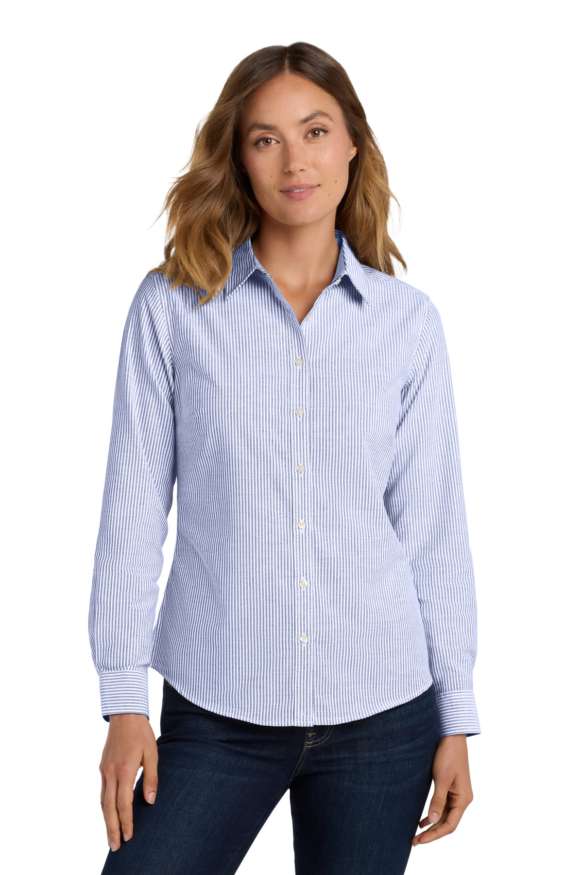 DISCONTINUED Port Authority Women's SuperPro Oxford Stripe Shirt. LW657