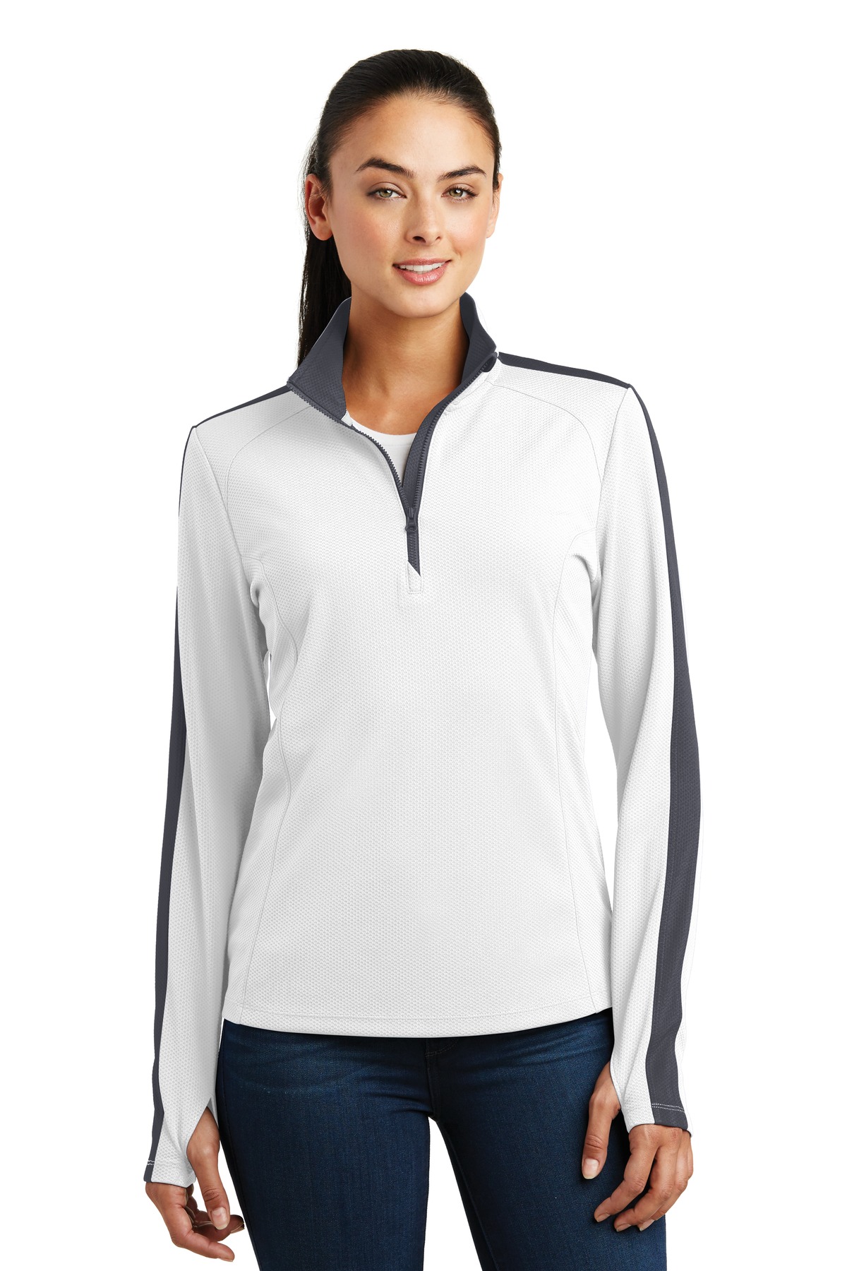 DISCONTINUED Sport-Tek Ladies Sport-Wick Textured Colorblock 1/4-Zip Pullover. LST861