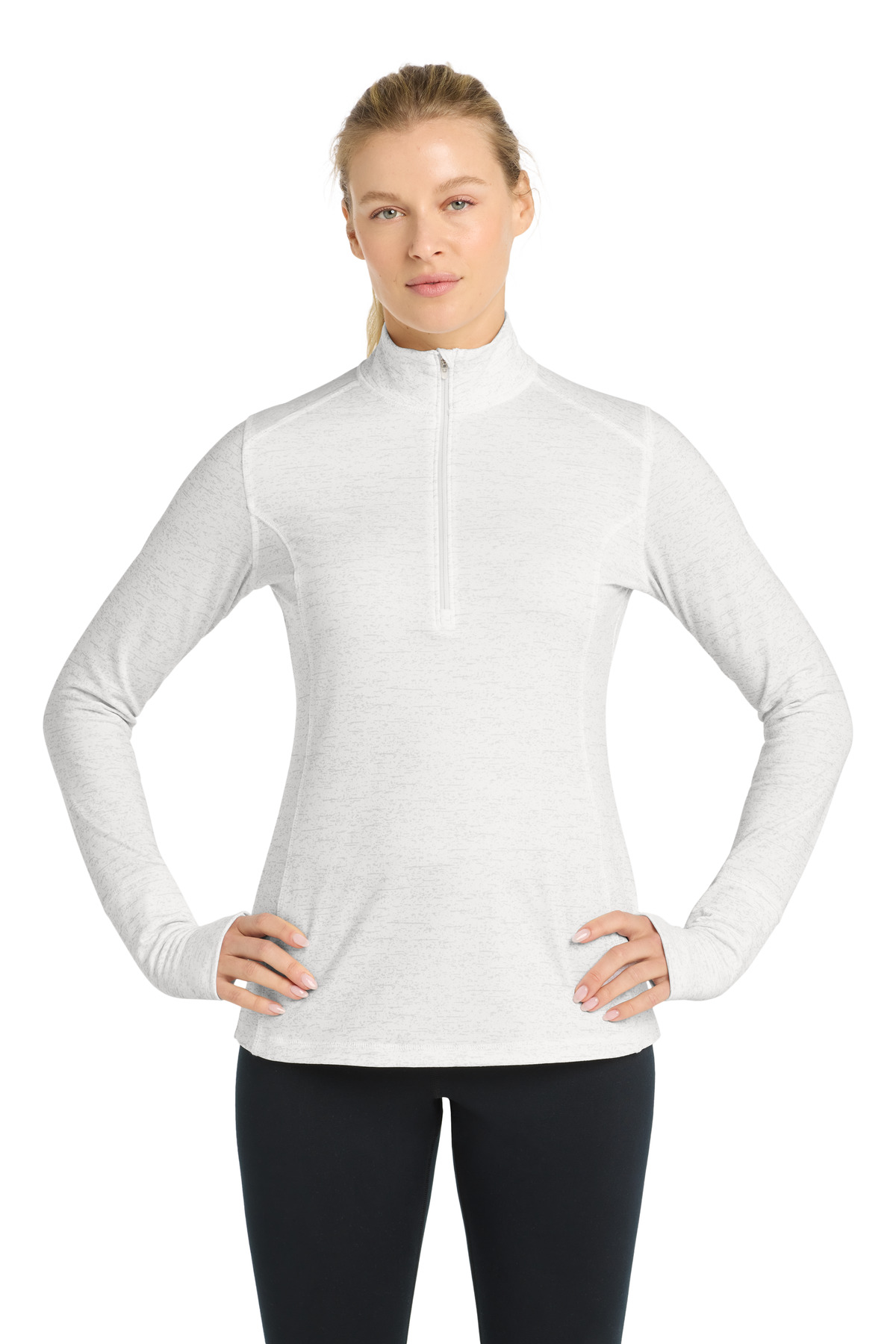 DISCONTINUED Sport-Tek Women's Sport-Wick Stretch Reflective Heather 1/2-Zip Pullover. LST855