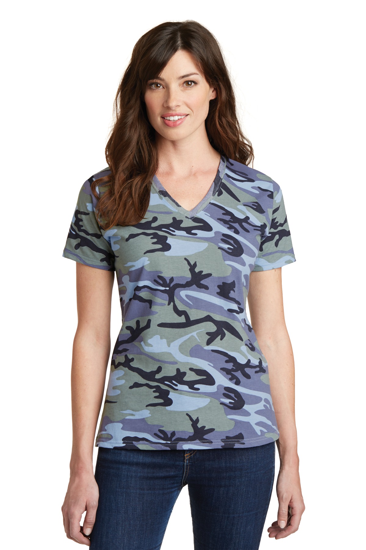 DISCONTINUED Port & Company Ladies Core Cotton Camo V-Neck Tee. LPC54VC