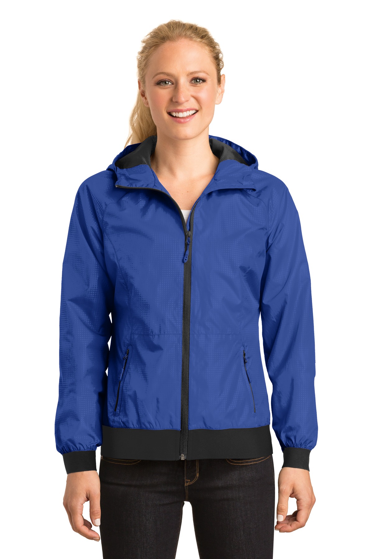 DISCONTINUED Sport-Tek Ladies Embossed Hooded Wind Jacket. LST53