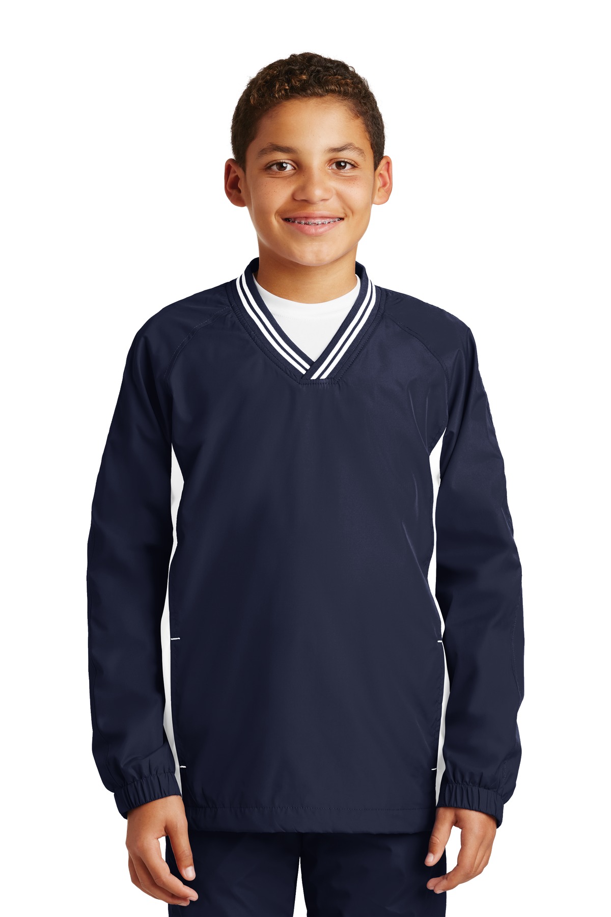 DISCONTINUED Sport-Tek Youth Tipped V-Neck Raglan Wind Shirt. YST62