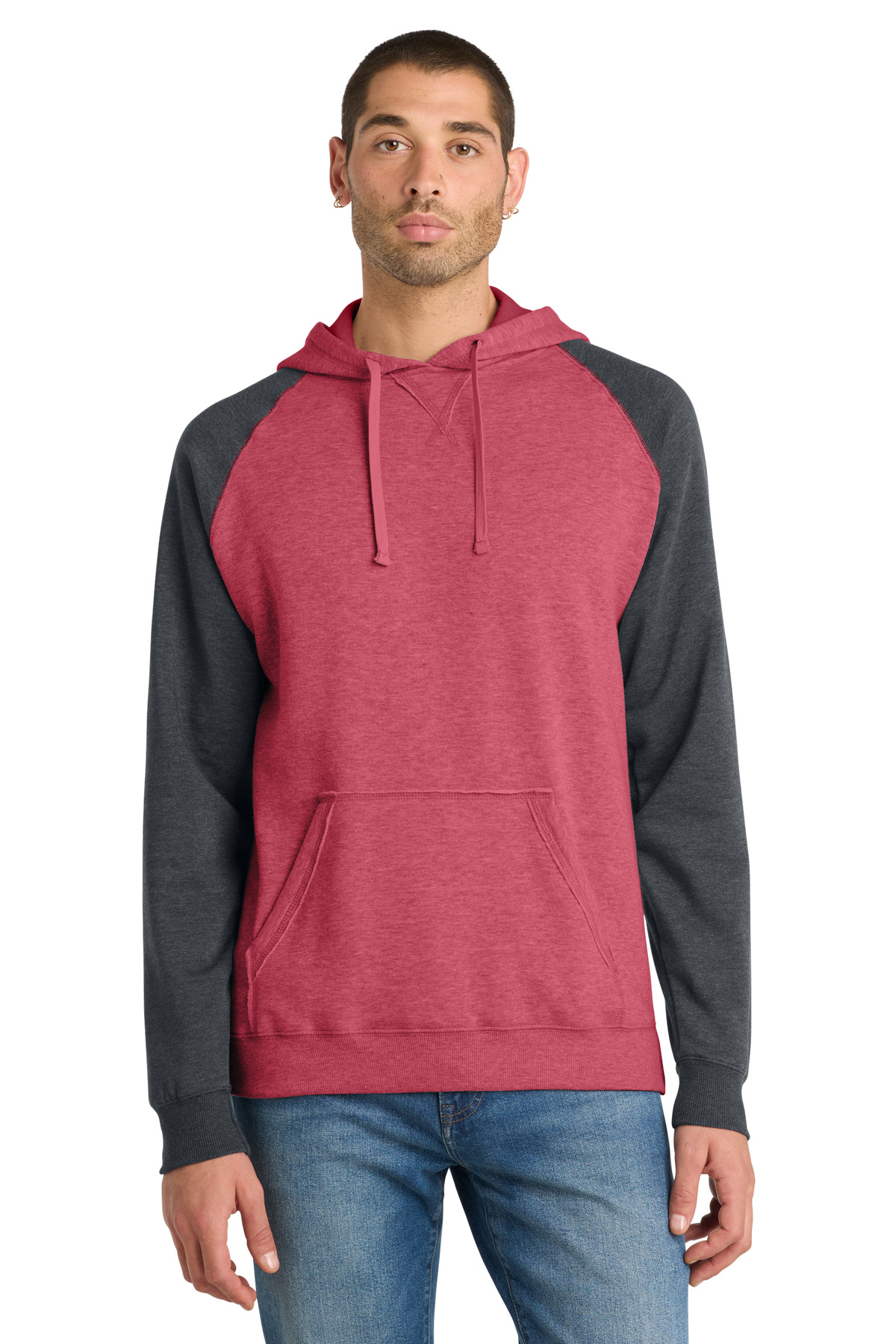 District Young Mens Lightweight Fleece Raglan Hoodie. DT196