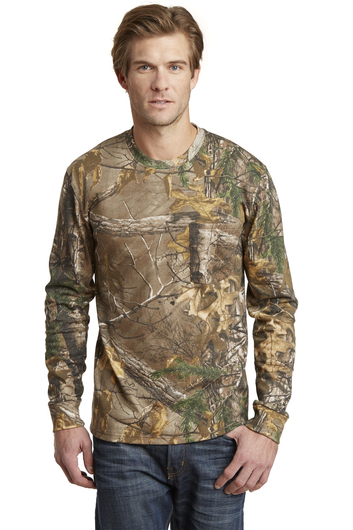 DISCONTINUED Russell Outdoors Realtree Long Sleeve Explorer 100% Cotton T-Shirt with Pocket. S020R