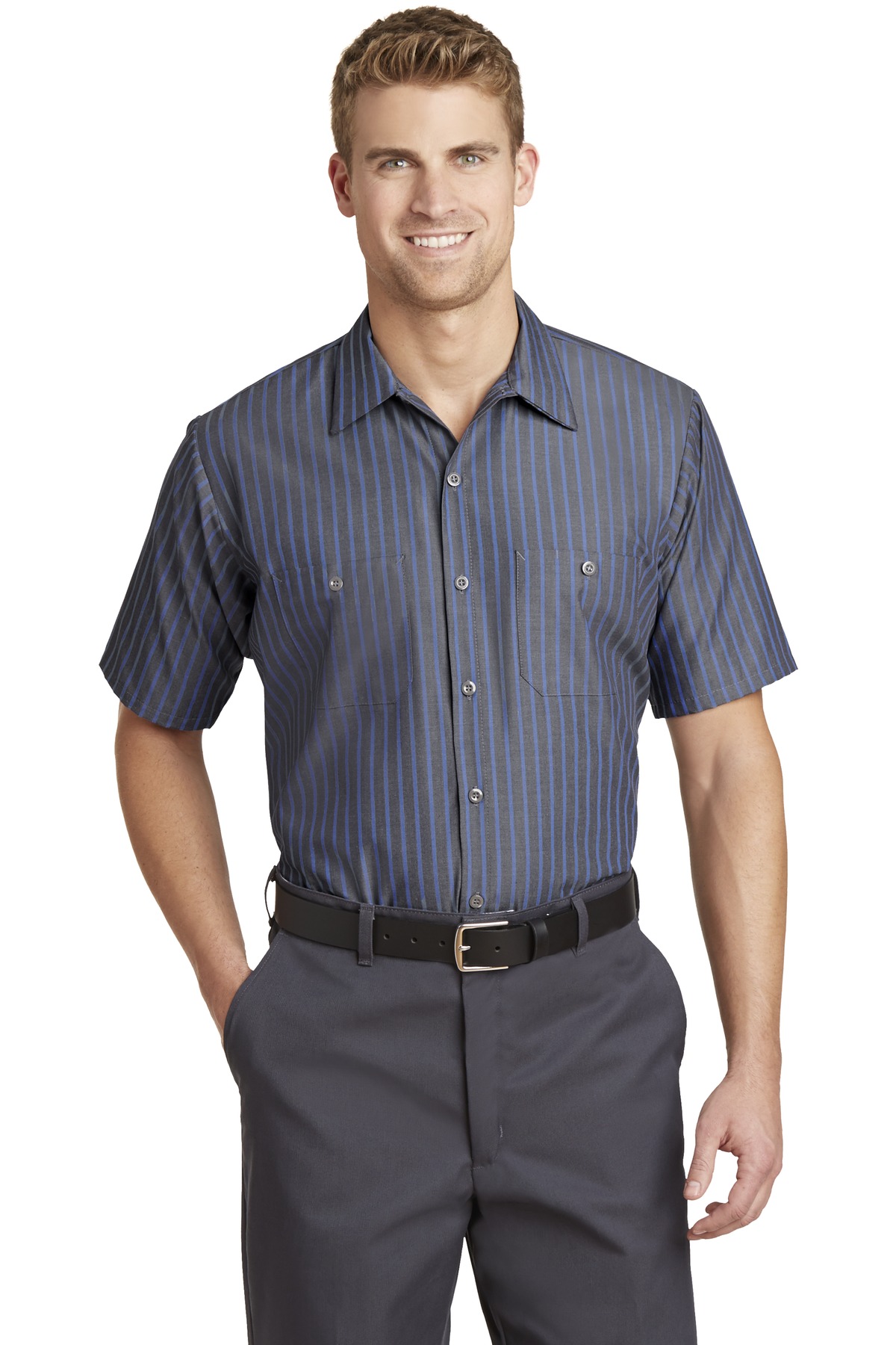 Red Kap Short Sleeve Striped Industrial Work Shirt. CS20