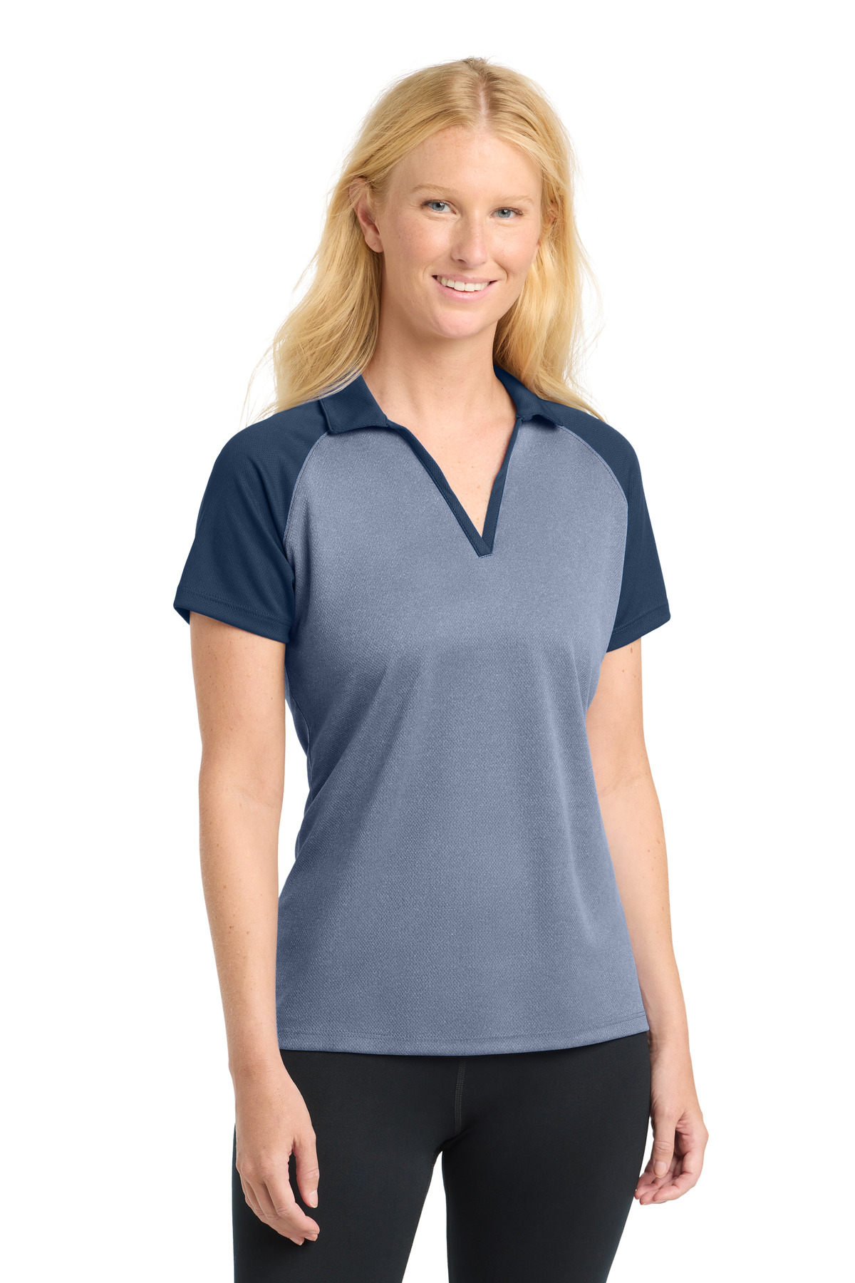 DISCONTINUED Sport-Tek Women's PosiCharge RacerMesh Raglan Heather Block Polo. LST641