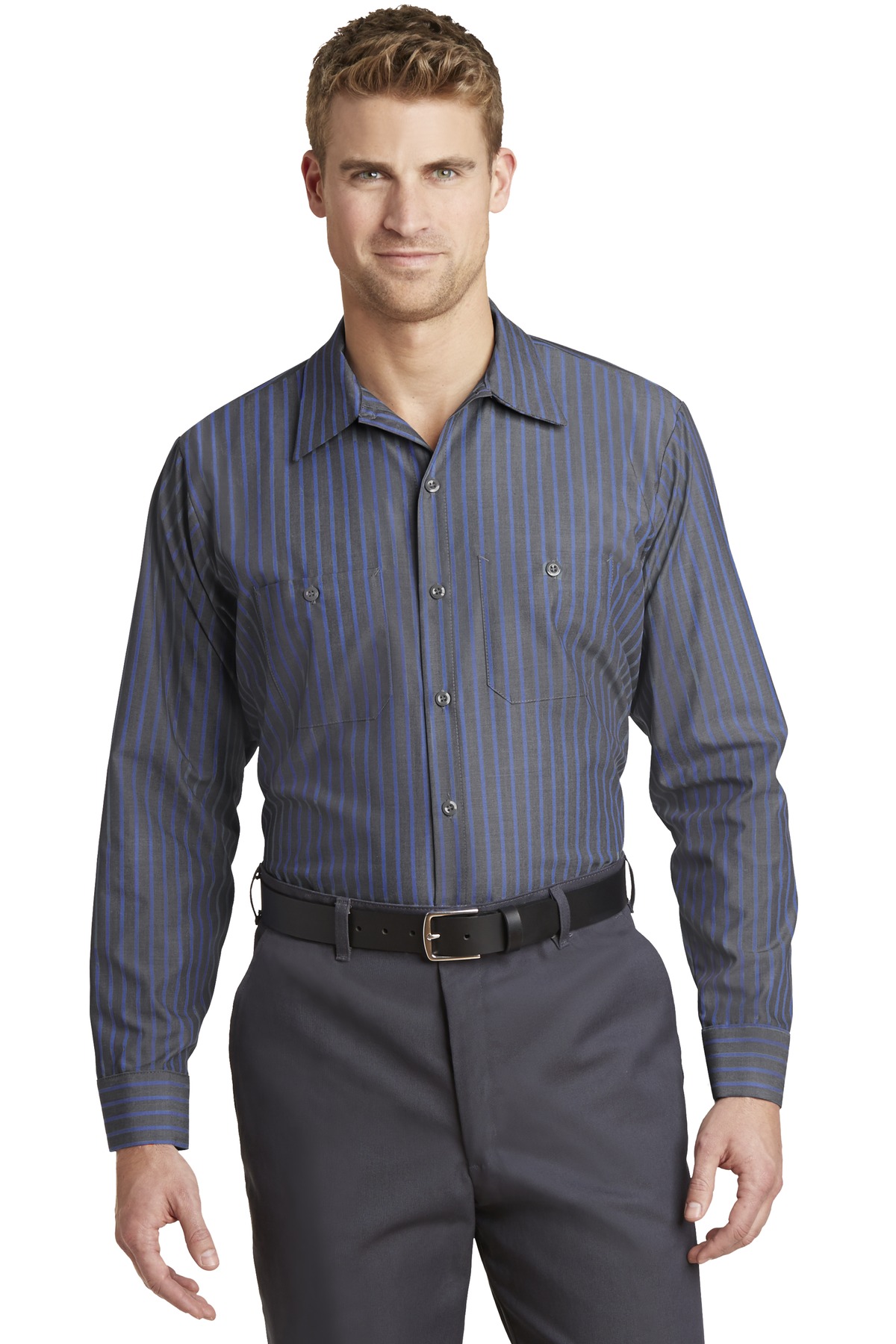 Red Kap Long Size Long Sleeve Striped Industrial Work Shirt. CS10LONG